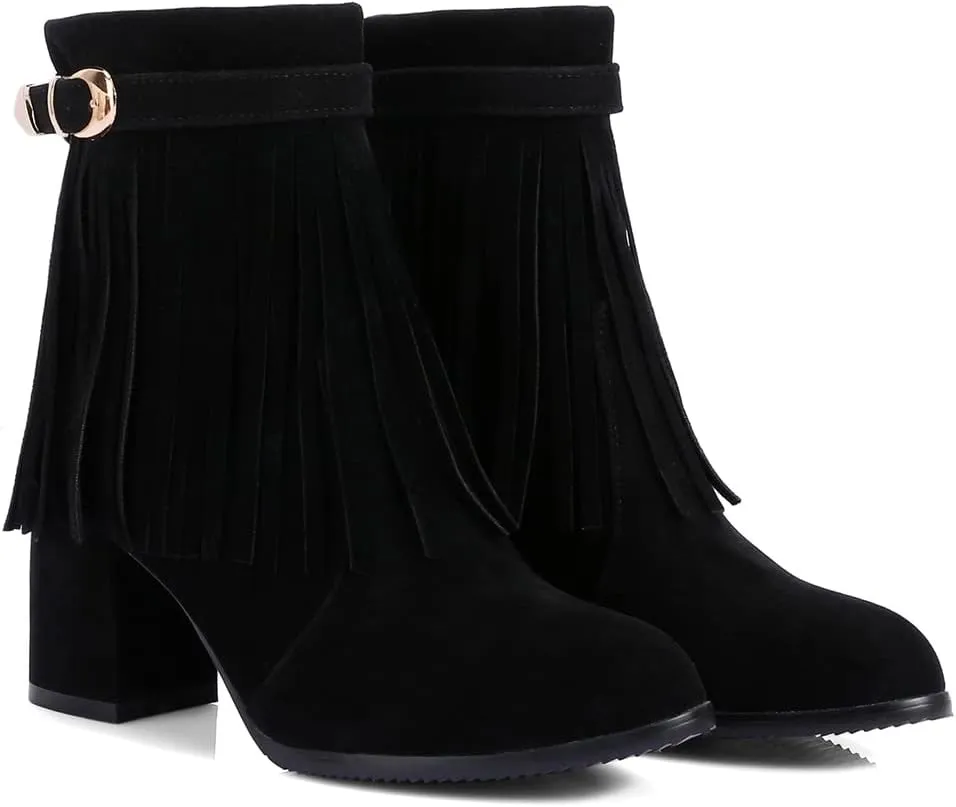 MIOKE Women's Fringed Tassel Dress Ankle Boots Round Toe Buckle Zipper Chunky Block High Heel Short Booties