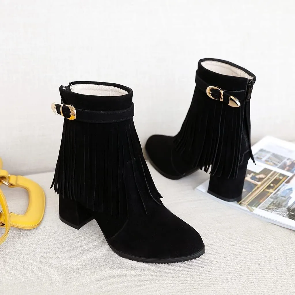 MIOKE Women's Fringed Tassel Dress Ankle Boots Round Toe Buckle Zipper Chunky Block High Heel Short Booties