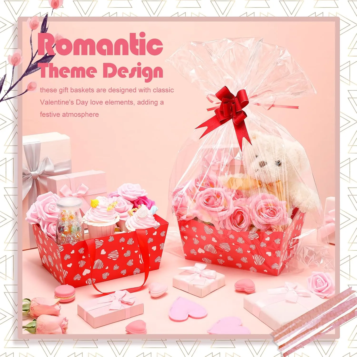 Moinchore 12 Set Mother's Day Basket for Gifts Empty 9.8 x 6.5'' Red Heart Market Tray Cardboard with Bows, Cellophane Bags, Twist Tiles, Empty to Fill for Holiday Birthday Wedding Party Supplies