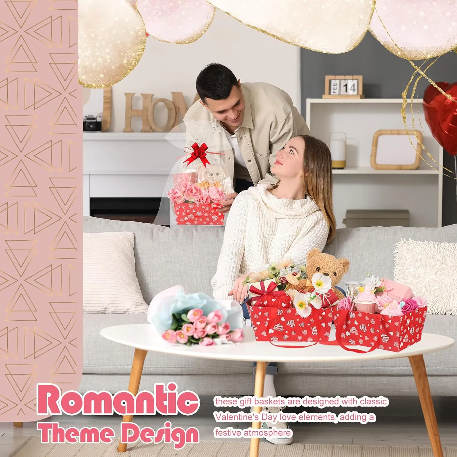 Moinchore 12 Set Mother's Day Basket for Gifts Empty 9.8 x 6.5'' Red Heart Market Tray Cardboard with Bows, Cellophane Bags, Twist Tiles, Empty to Fill for Holiday Birthday Wedding Party Supplies