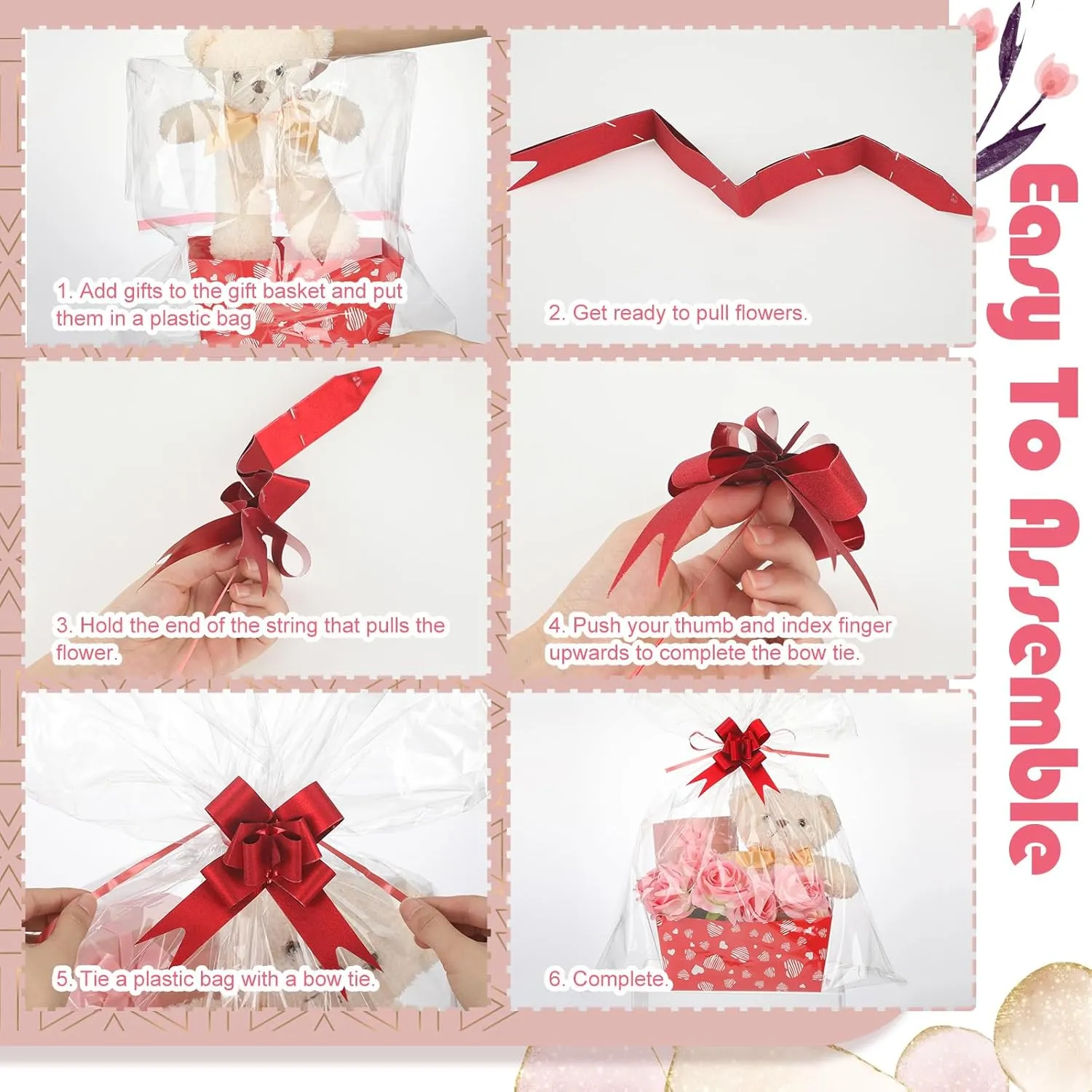 Moinchore 12 Set Mother's Day Basket for Gifts Empty 9.8 x 6.5'' Red Heart Market Tray Cardboard with Bows, Cellophane Bags, Twist Tiles, Empty to Fill for Holiday Birthday Wedding Party Supplies