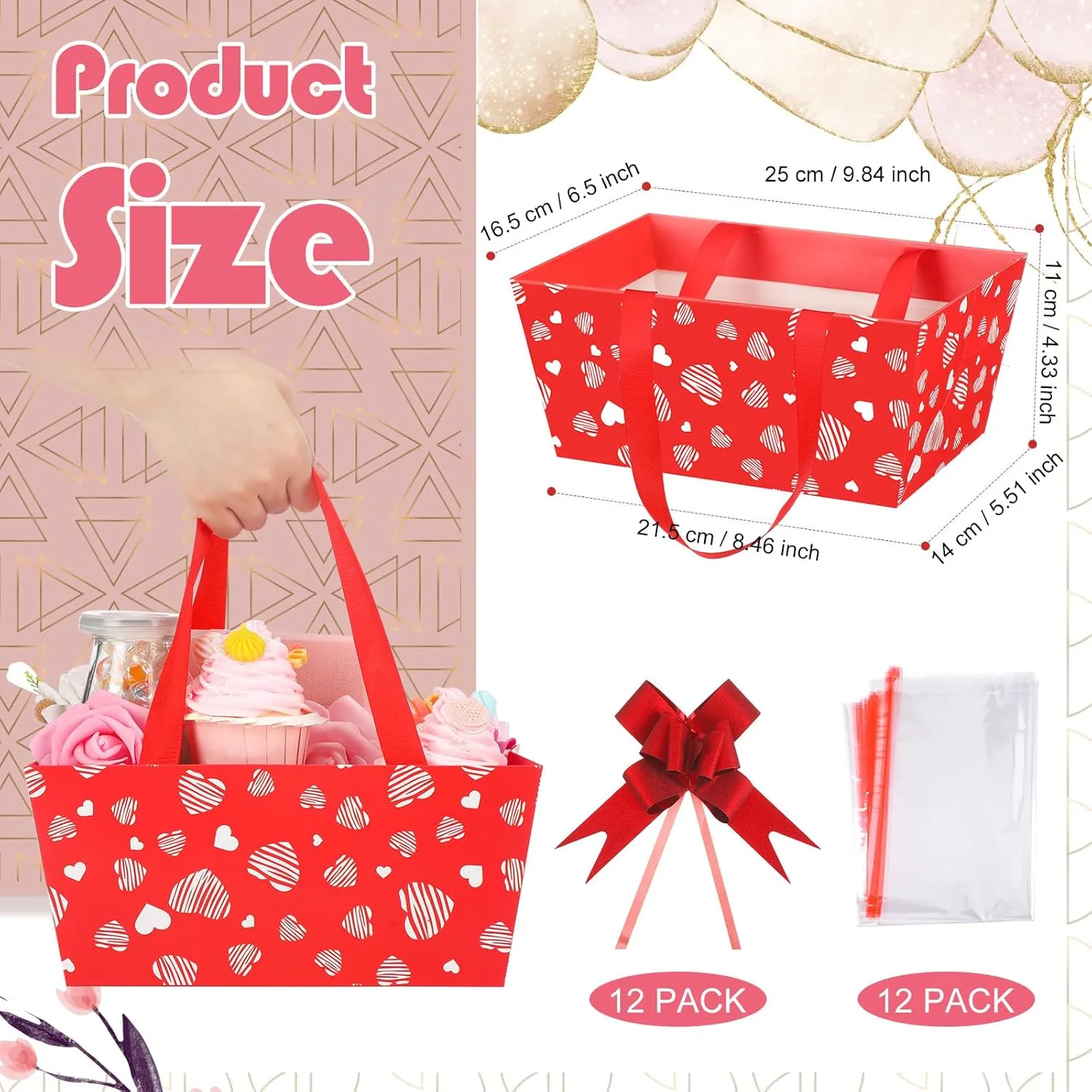Moinchore 12 Set Mother's Day Basket for Gifts Empty 9.8 x 6.5'' Red Heart Market Tray Cardboard with Bows, Cellophane Bags, Twist Tiles, Empty to Fill for Holiday Birthday Wedding Party Supplies