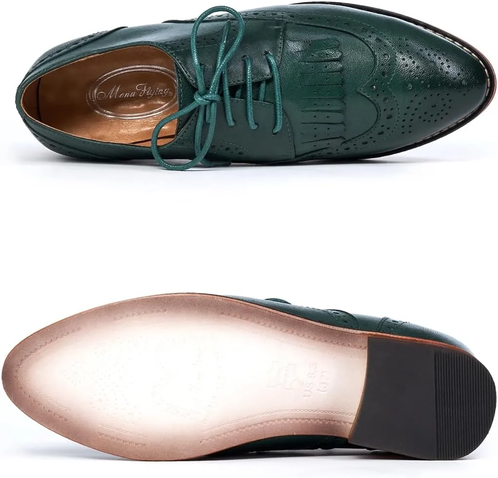 Mona flying Women's Handcrafted Wingtip Oxfords Brogue Vintage Lace up Leather Shoes for Ladies