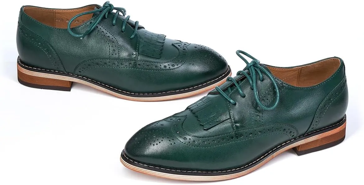 Mona flying Women's Handcrafted Wingtip Oxfords Brogue Vintage Lace up Leather Shoes for Ladies