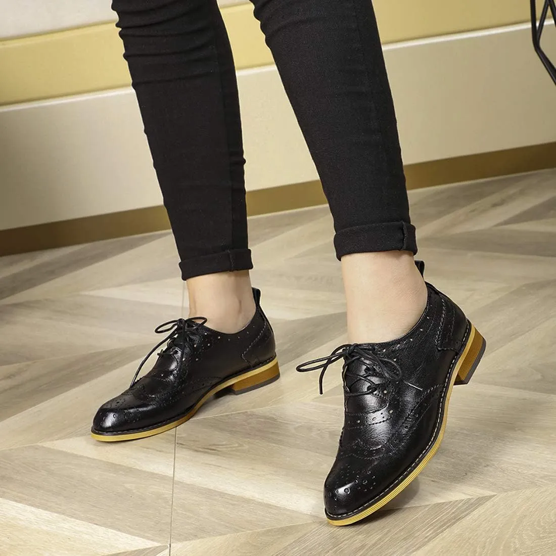Mona flying Women's Handmade Wingtip Oxfords Comfy Lace up Brogue Leather Shoes for Ladies