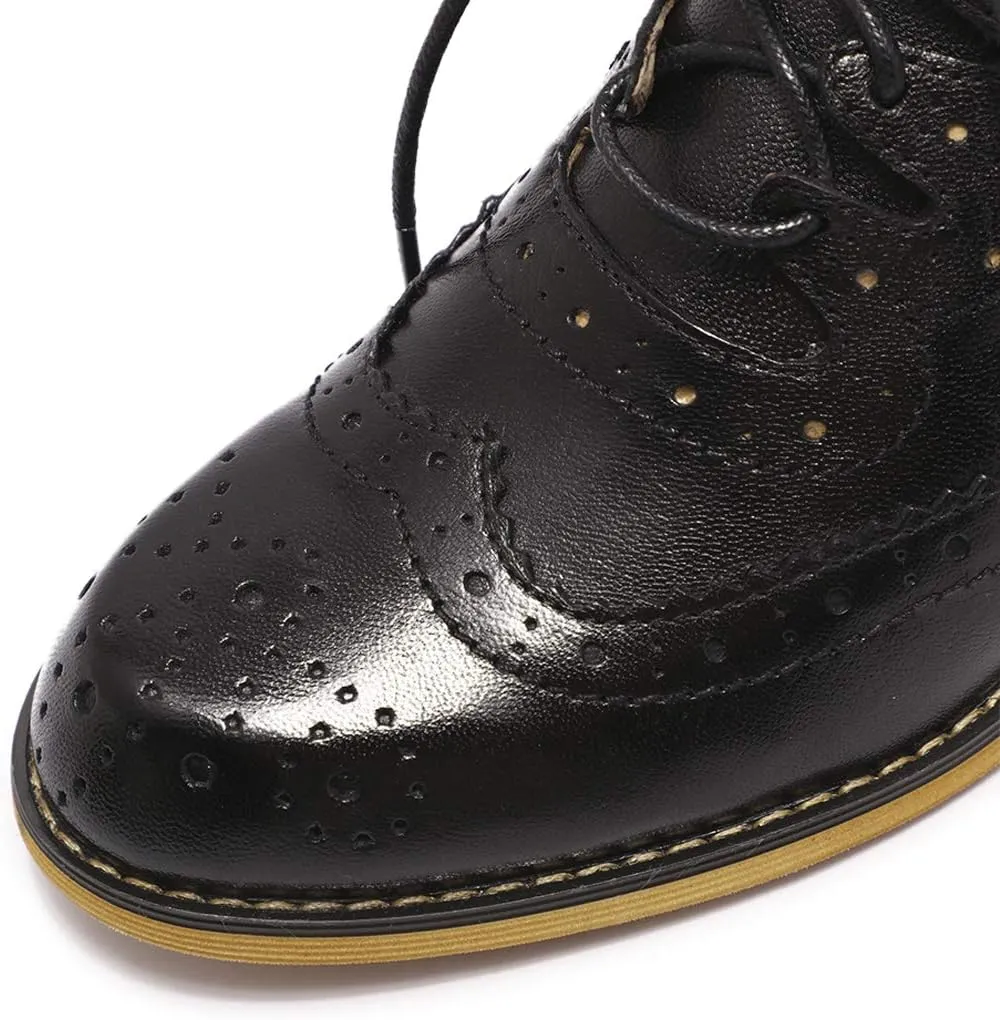 Mona flying Women's Handmade Wingtip Oxfords Comfy Lace up Brogue Leather Shoes for Ladies