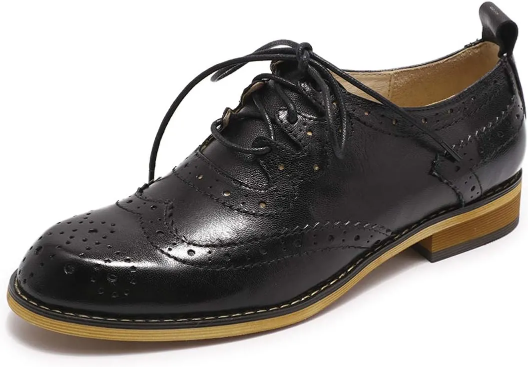 Mona flying Women's Handmade Wingtip Oxfords Comfy Lace up Brogue Leather Shoes for Ladies