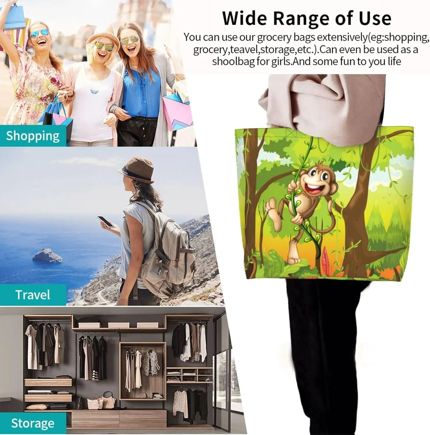 Monkey Animals Canvas Tote Bag Cute Shoulder Bag Handbag Casual Animal Grocery Bags Monkey Bag for Outdoors