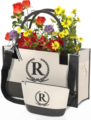 Monogrammed Canvas Tote Bag with Zipper Pockets - Ideal Gift for Mom, Teacher, Sister