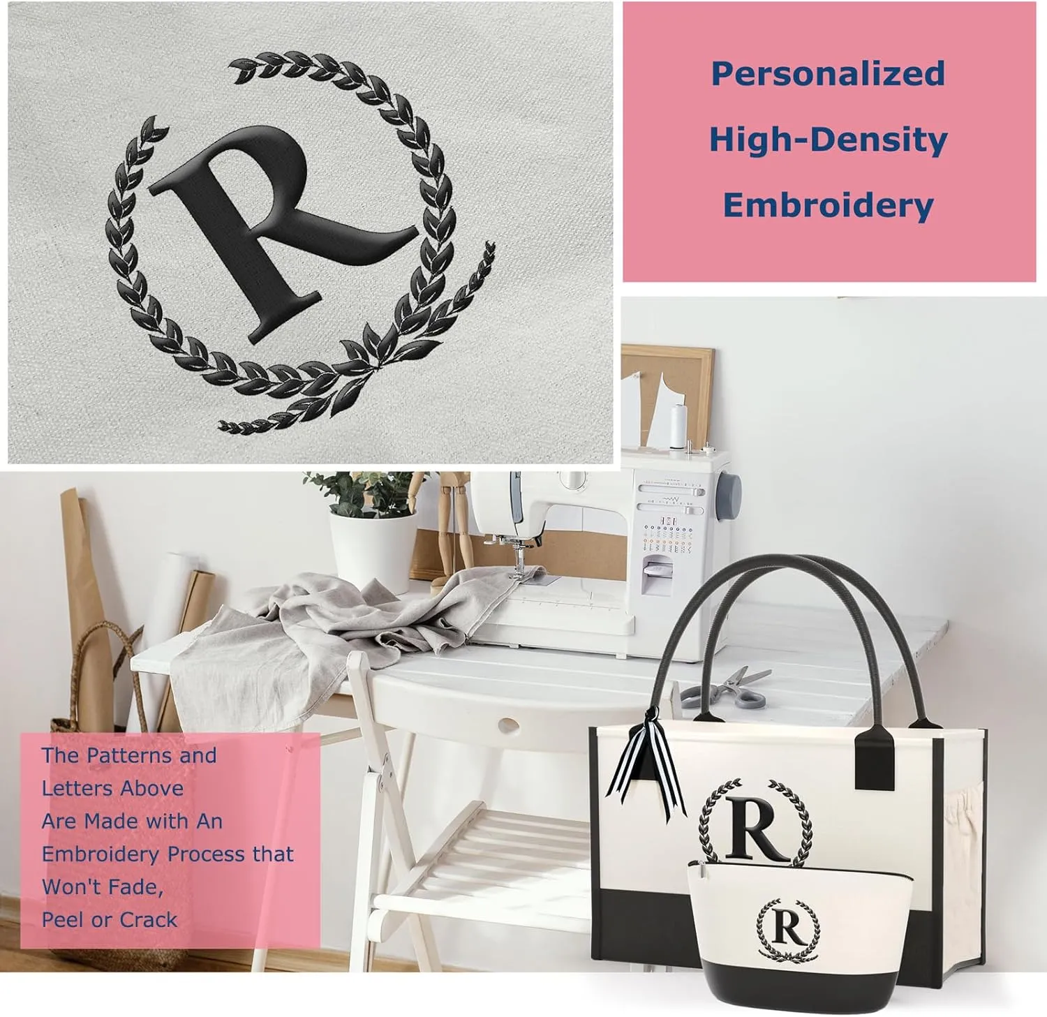 Monogrammed Canvas Tote Bag with Zipper Pockets - Ideal Gift for Mom, Teacher, Sister