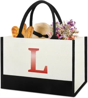 Monogrammed Initial Canvas Tote Bag Gifts for Women, Unique Beach Work Bag Gift for Birthday, Wedding, Christmas, Anniversary, Cool Personalized Gifts for Mom, Teachers, Friends, Bridesmaids- Letter L