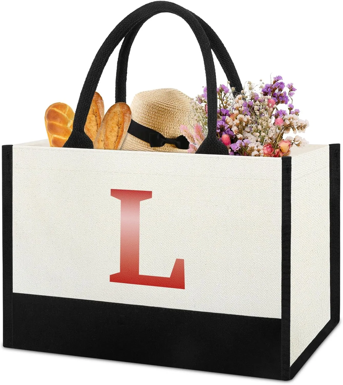 Monogrammed Initial Canvas Tote Bag Gifts for Women, Unique Beach Work Bag Gift for Birthday, Wedding, Christmas, Anniversary, Cool Personalized Gifts for Mom, Teachers, Friends, Bridesmaids- Letter L