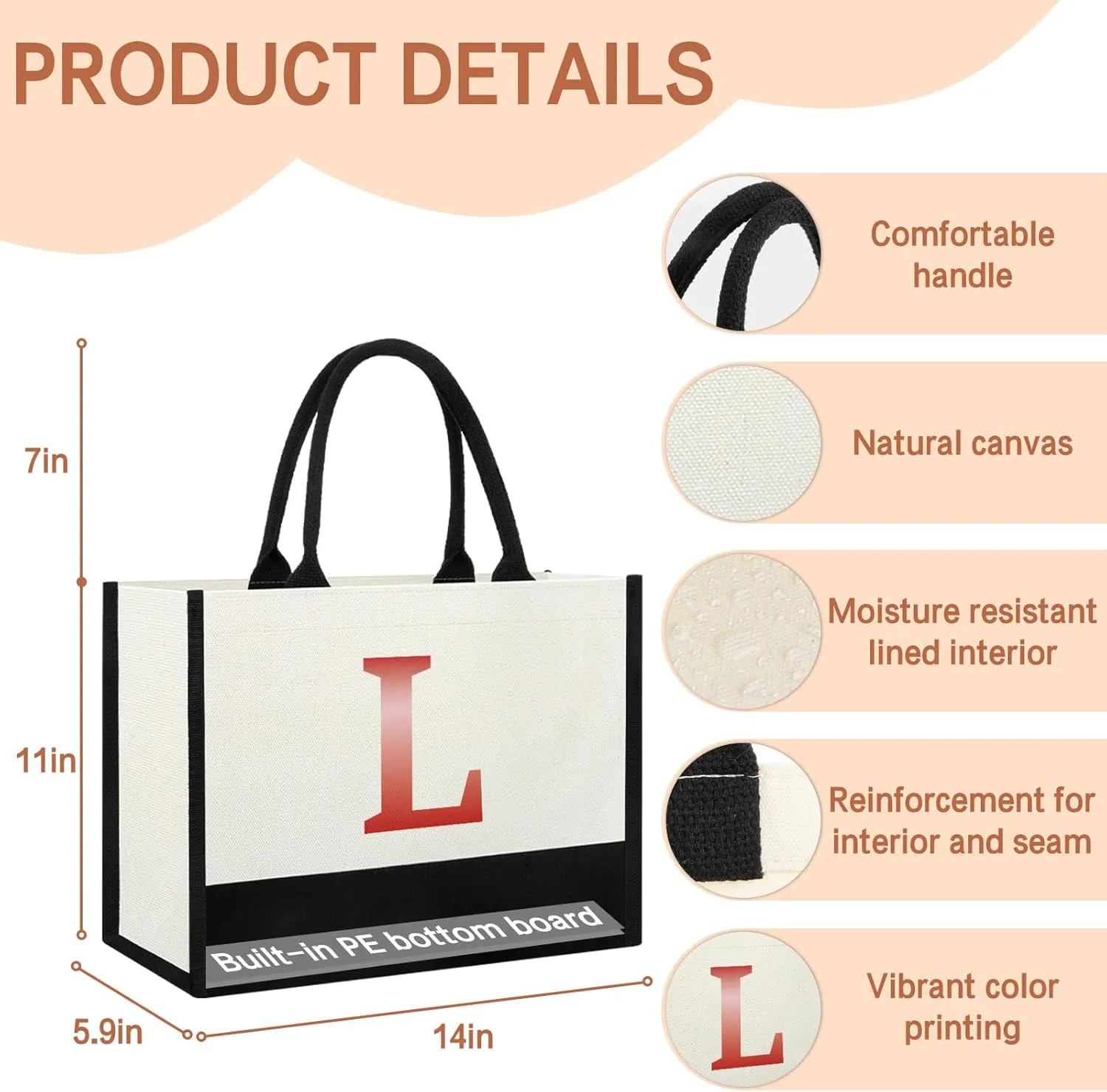 Monogrammed Initial Canvas Tote Bag Gifts for Women, Unique Beach Work Bag Gift for Birthday, Wedding, Christmas, Anniversary, Cool Personalized Gifts for Mom, Teachers, Friends, Bridesmaids- Letter L
