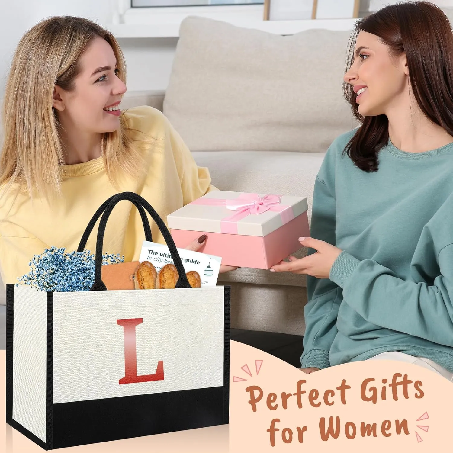 Monogrammed Initial Canvas Tote Bag Gifts for Women, Unique Beach Work Bag Gift for Birthday, Wedding, Christmas, Anniversary, Cool Personalized Gifts for Mom, Teachers, Friends, Bridesmaids- Letter L