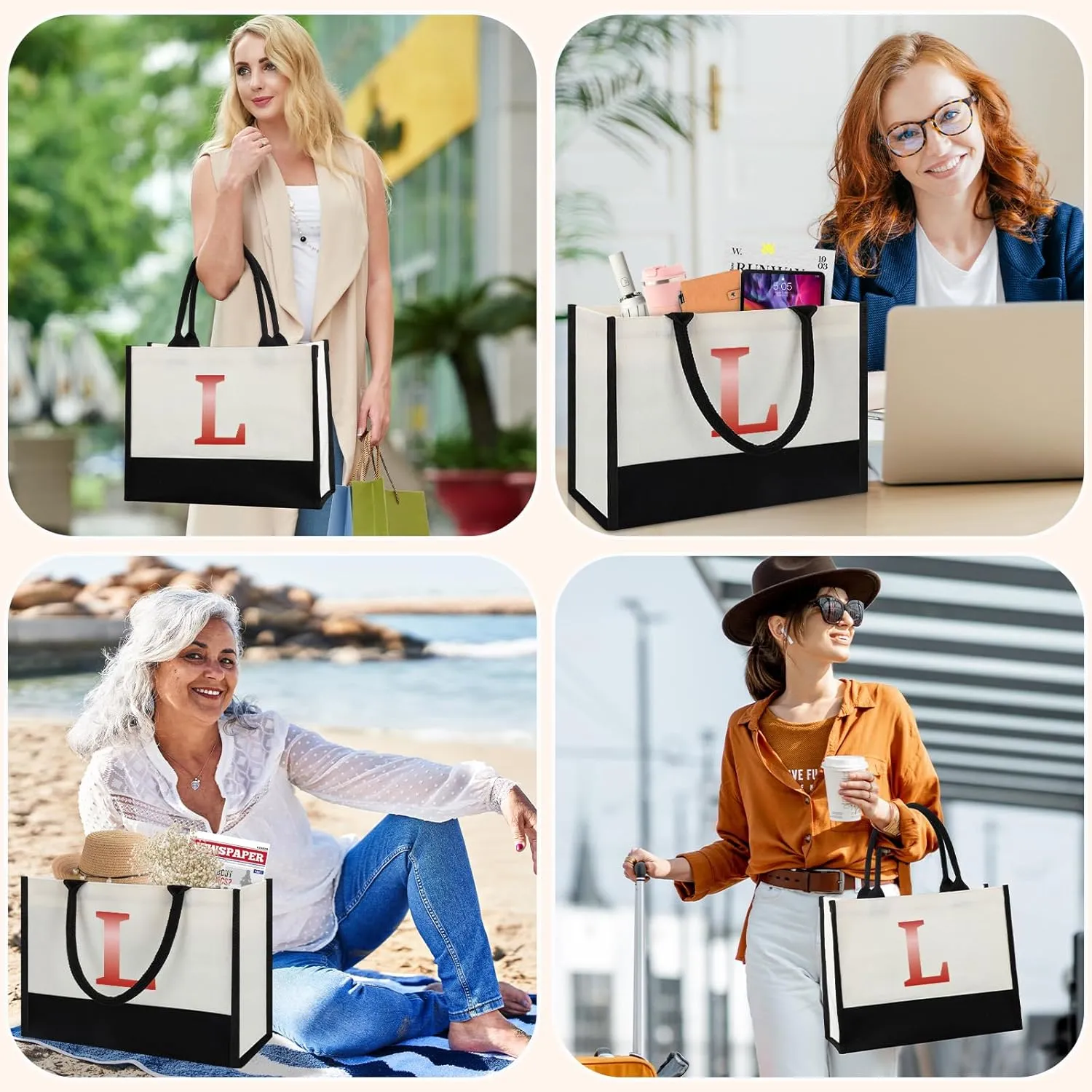 Monogrammed Initial Canvas Tote Bag Gifts for Women, Unique Beach Work Bag Gift for Birthday, Wedding, Christmas, Anniversary, Cool Personalized Gifts for Mom, Teachers, Friends, Bridesmaids- Letter L