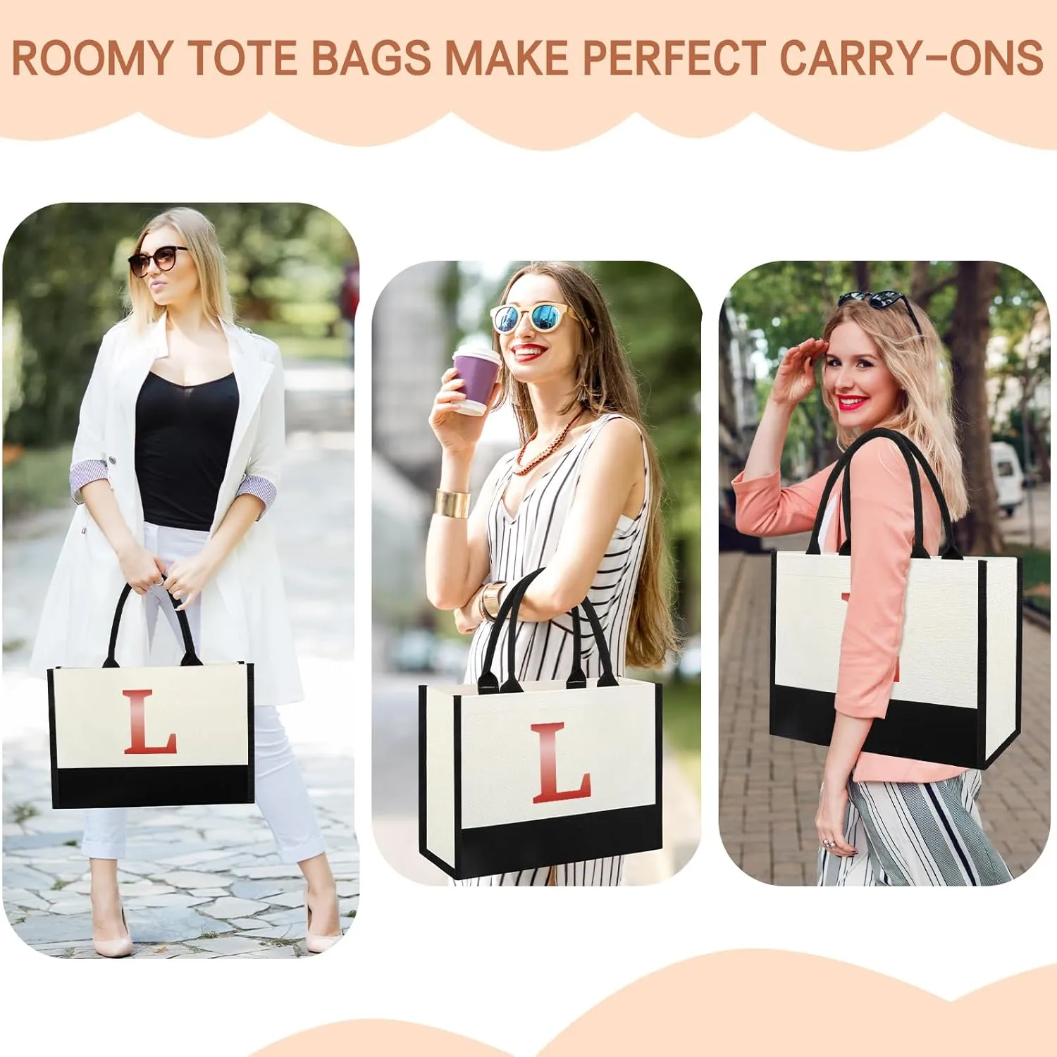 Monogrammed Initial Canvas Tote Bag Gifts for Women, Unique Beach Work Bag Gift for Birthday, Wedding, Christmas, Anniversary, Cool Personalized Gifts for Mom, Teachers, Friends, Bridesmaids- Letter L