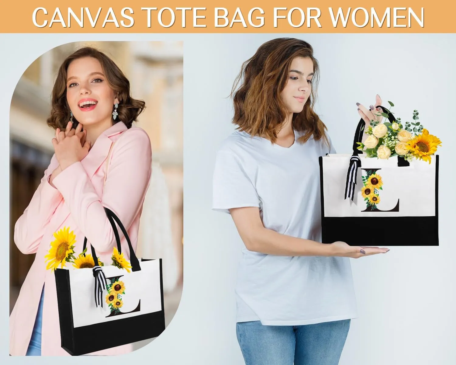 Monogrammed Sunflower Birthday Gifts - Personalized Canvas Tote & Makeup Bag & Glass Cup (Mom, Sister, Best Friends) L