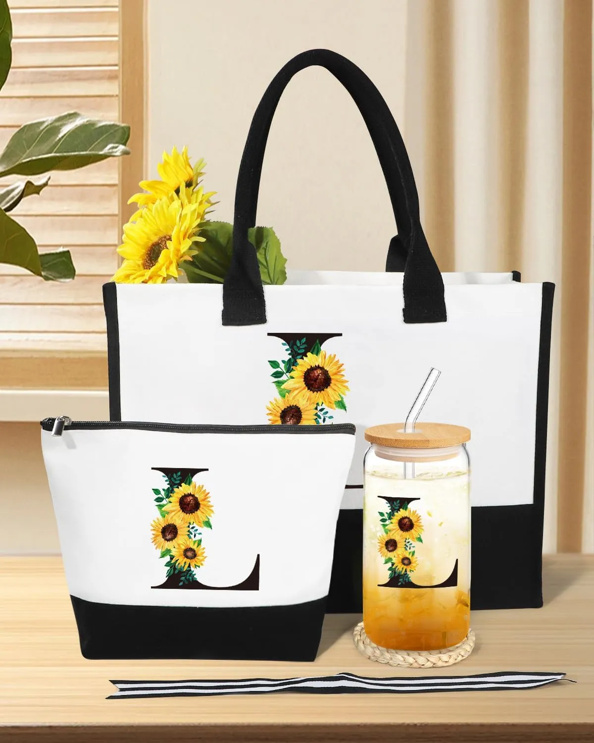 Monogrammed Sunflower Birthday Gifts - Personalized Canvas Tote & Makeup Bag & Glass Cup (Mom, Sister, Best Friends) L