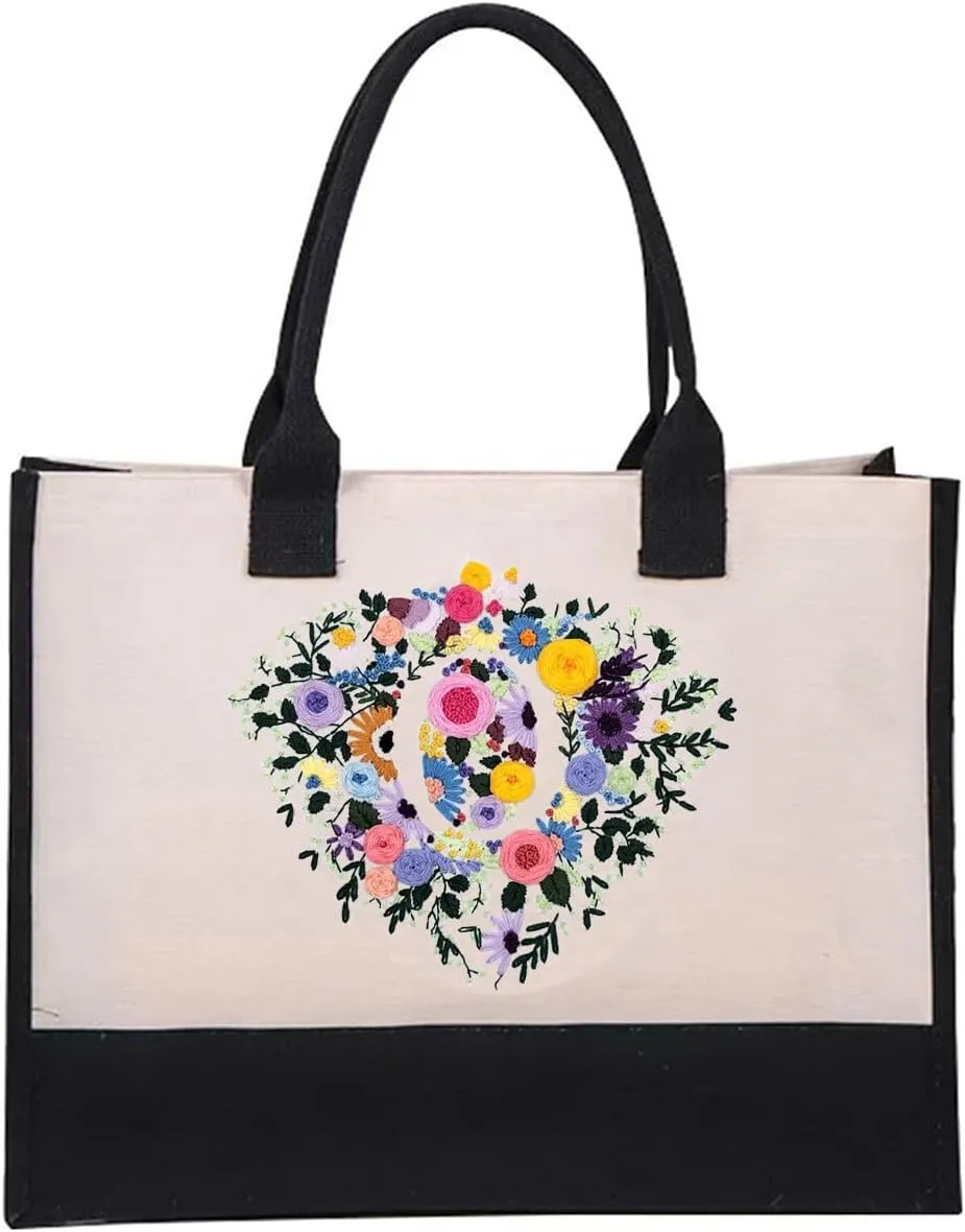 Monogrammed Tote Bags Handmade Embroidery Personalized Initial Canvas Beach Bag Floral Gift Tote Bag