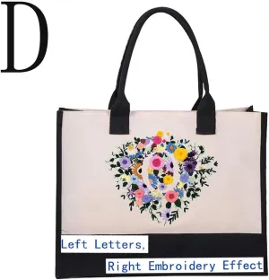 Monogrammed Tote Bags Handmade Embroidery Personalized Initial Canvas Beach Bag Floral Gift Tote Bag