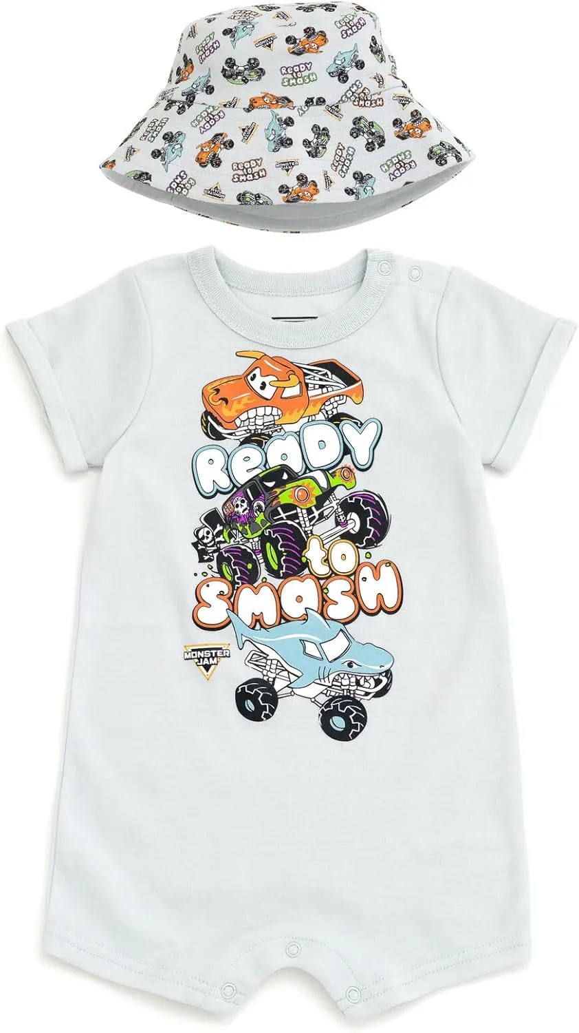 Monster Jam Romper and Bucket Sun Hat Outfit Set Newborn to Toddler Grave Digger El Toro Loco Megalodon