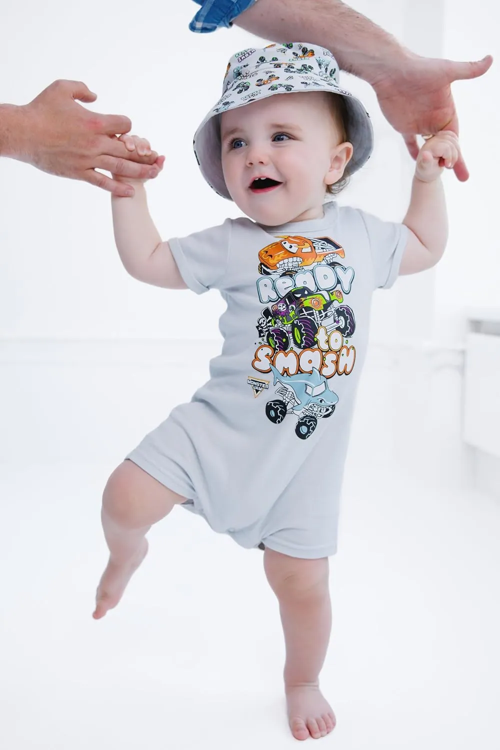 Monster Jam Romper and Bucket Sun Hat Outfit Set Newborn to Toddler Grave Digger El Toro Loco Megalodon