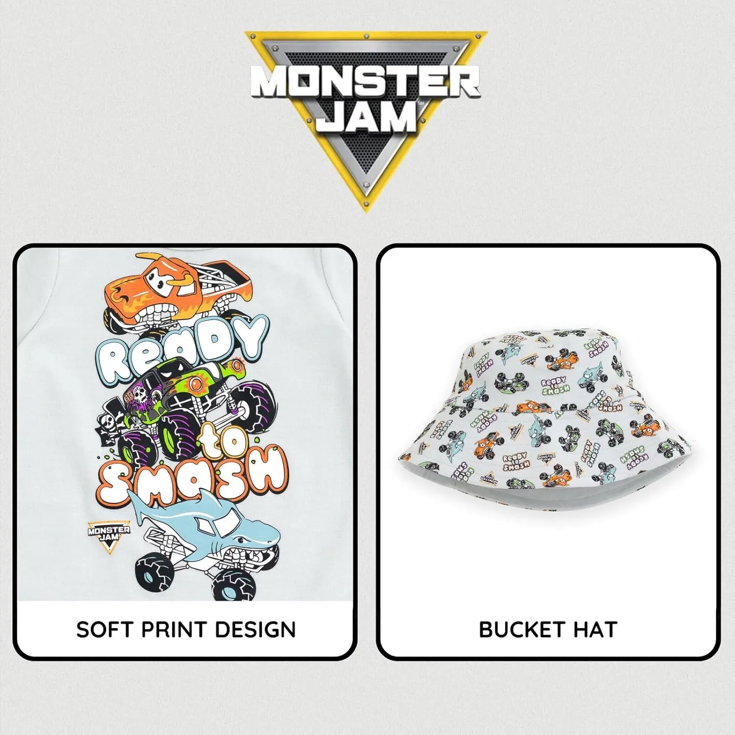 Monster Jam Romper and Bucket Sun Hat Outfit Set Newborn to Toddler Grave Digger El Toro Loco Megalodon