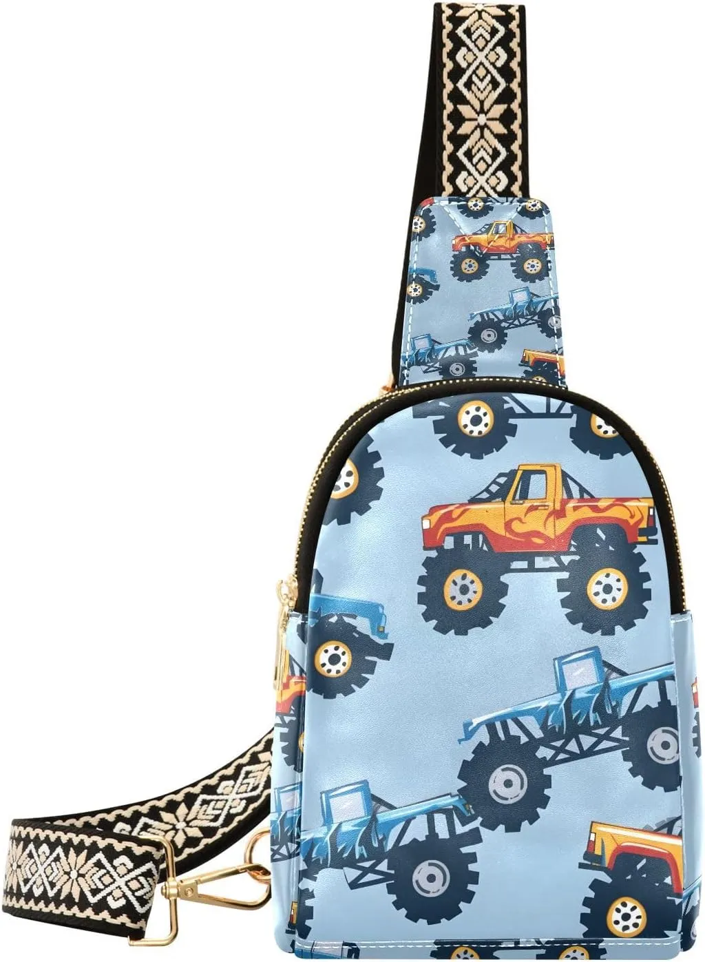 Monster Truck Cars Pattern Backpack Sling Bag for Women Crossbody Bags Small Cross Body Bags Leather Travel Chest Bag Purse Casual Daypack