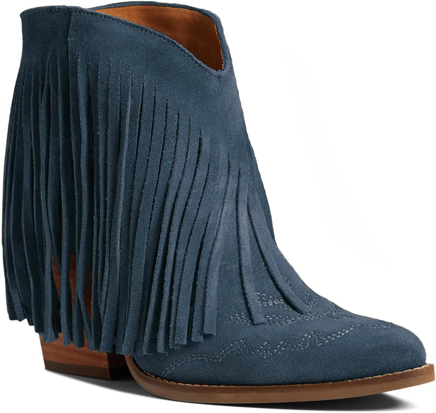 MOOMMO Women Tassel Western Booties Chunky Block Heel Suede Cowboy Ankle Boots Fringe Pointed Closed Toe V-Cut Stacked Heel Slip On Short Boots Cowgirl Embroidered Retro Vintage 4-11 M US