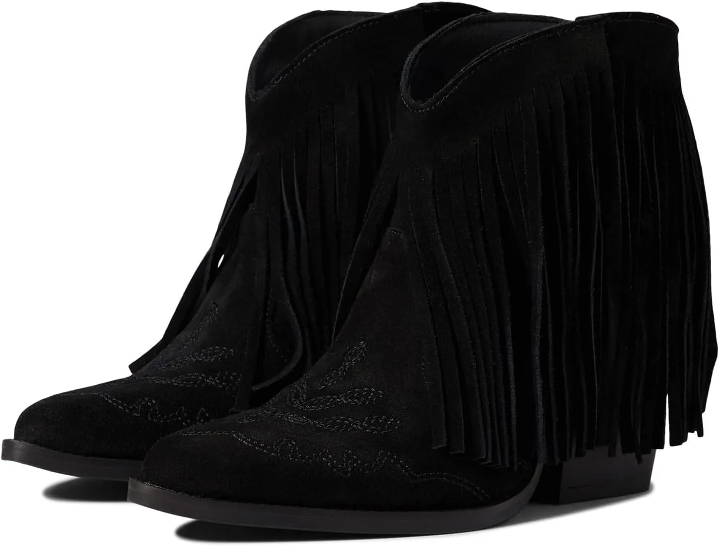 MOOMMO Women Tassel Western Booties Chunky Block Heel Suede Cowboy Ankle Boots Fringe Pointed Closed Toe V-Cut Stacked Heel Slip On Short Boots Cowgirl Embroidered Retro Vintage 4-11 M US
