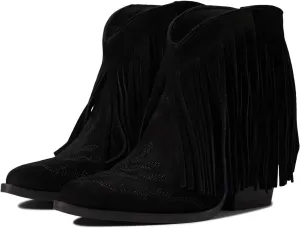 MOOMMO Women Tassel Western Booties Chunky Block Heel Suede Cowboy Ankle Boots Fringe Pointed Closed Toe V-Cut Stacked Heel Slip On Short Boots Cowgirl Embroidered Retro Vintage 4-11 M US