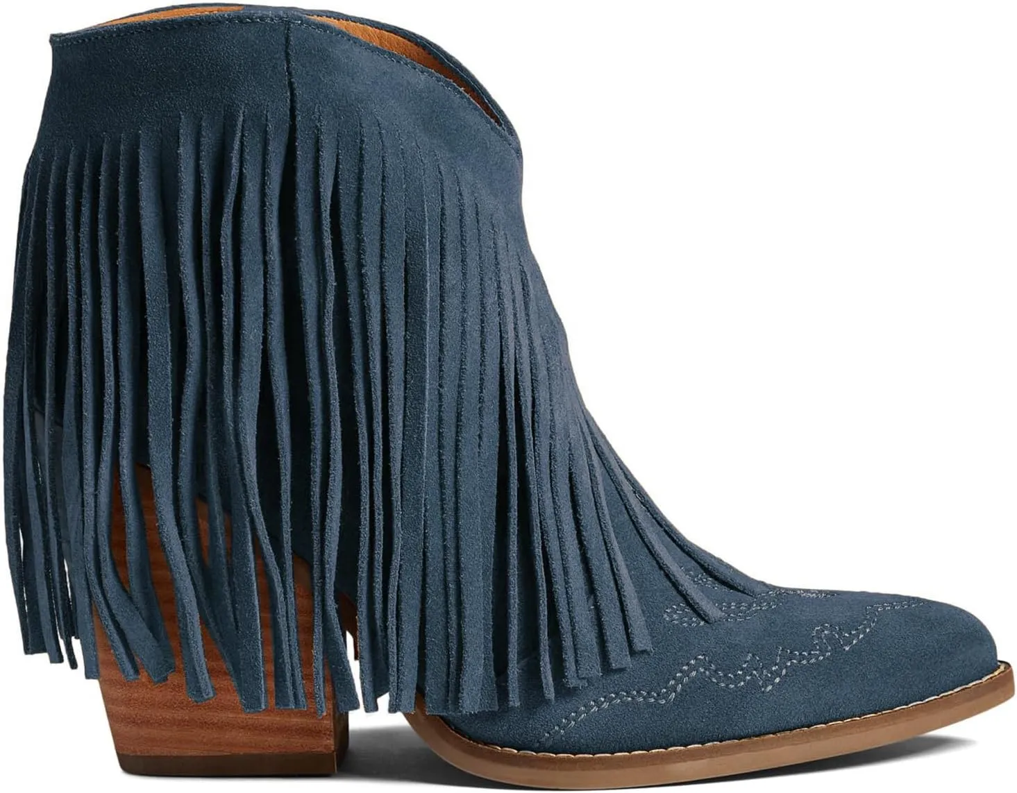 MOOMMO Women Tassel Western Booties Chunky Block Heel Suede Cowboy Ankle Boots Fringe Pointed Closed Toe V-Cut Stacked Heel Slip On Short Boots Cowgirl Embroidered Retro Vintage 4-11 M US