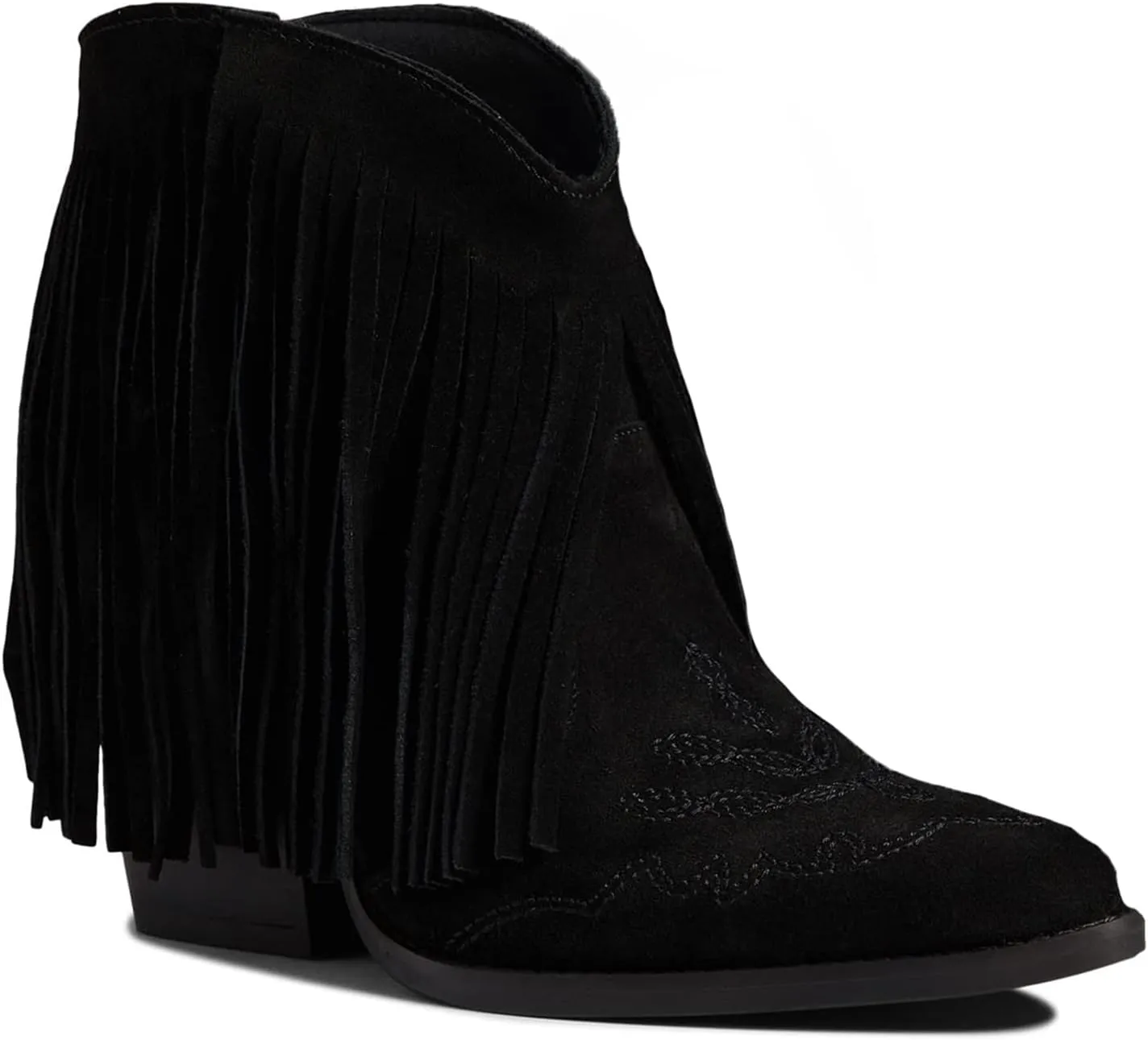 MOOMMO Women Tassel Western Booties Chunky Block Heel Suede Cowboy Ankle Boots Fringe Pointed Closed Toe V-Cut Stacked Heel Slip On Short Boots Cowgirl Embroidered Retro Vintage 4-11 M US