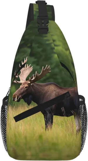 Moose in the Meadow Print Sling Bag for Women Men Crossbody, Cute Large Casual Chest Pack for Travel, Work, Hiking
