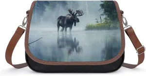 Moose Standing The Lake Crossbody Bags for Women PU Leather Tote Bag Purse Shoulder Bag for Travel Office