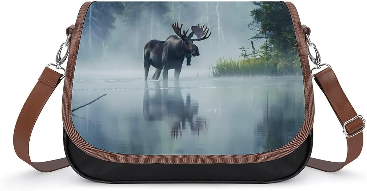 Moose Standing The Lake Crossbody Bags for Women PU Leather Tote Bag Purse Shoulder Bag for Travel Office
