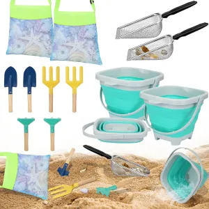 Mototo 12 Pack Beach Toys Set, Collapsible Beach Toys Included Foldable Bucket with Handle Sand Scooper Seashell Bag Mesh Shovel Hand Rake Fork Sand Sifter for Picking Up Shells Vacation Outdoor Play
