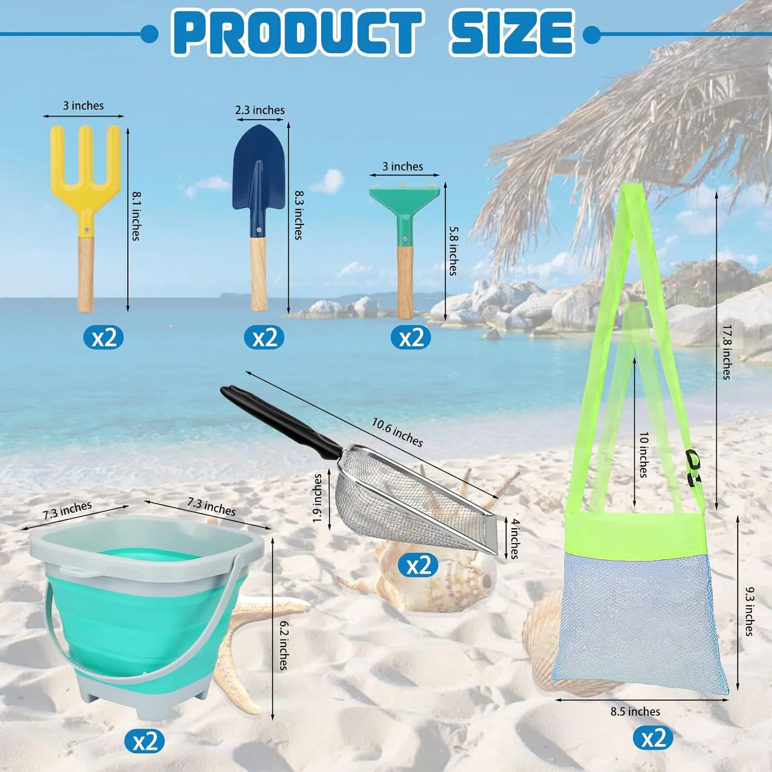 Mototo 12 Pack Beach Toys Set, Collapsible Beach Toys Included Foldable Bucket with Handle Sand Scooper Seashell Bag Mesh Shovel Hand Rake Fork Sand Sifter for Picking Up Shells Vacation Outdoor Play