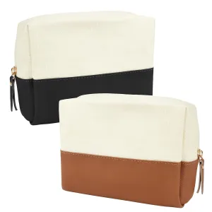Muka 2 Pack Canvas Makeup Bag with PU Leather Bottom, Large Capacity Travel Cosmetic Case-Black & Brown