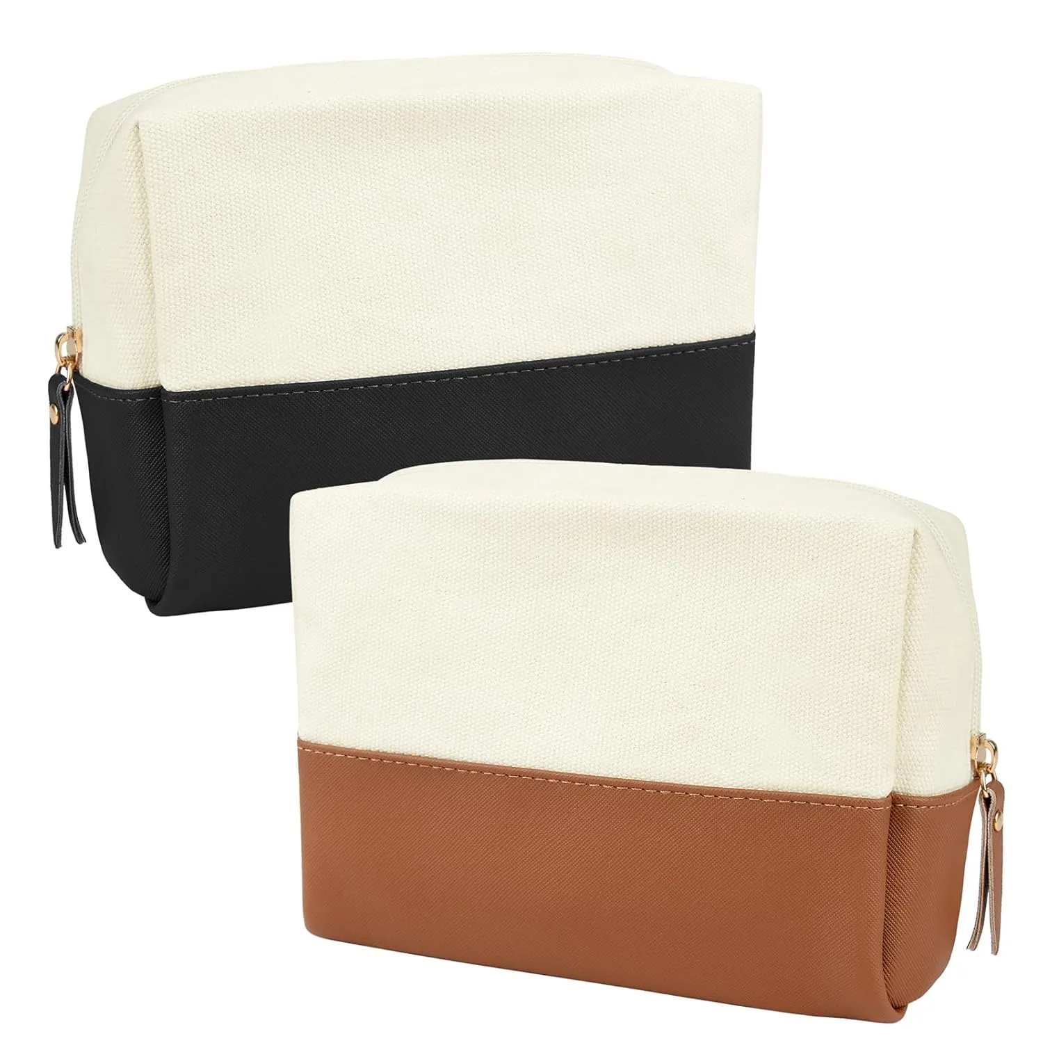 Muka 2 Pack Canvas Makeup Bag with PU Leather Bottom, Large Capacity Travel Cosmetic Case-Black & Brown