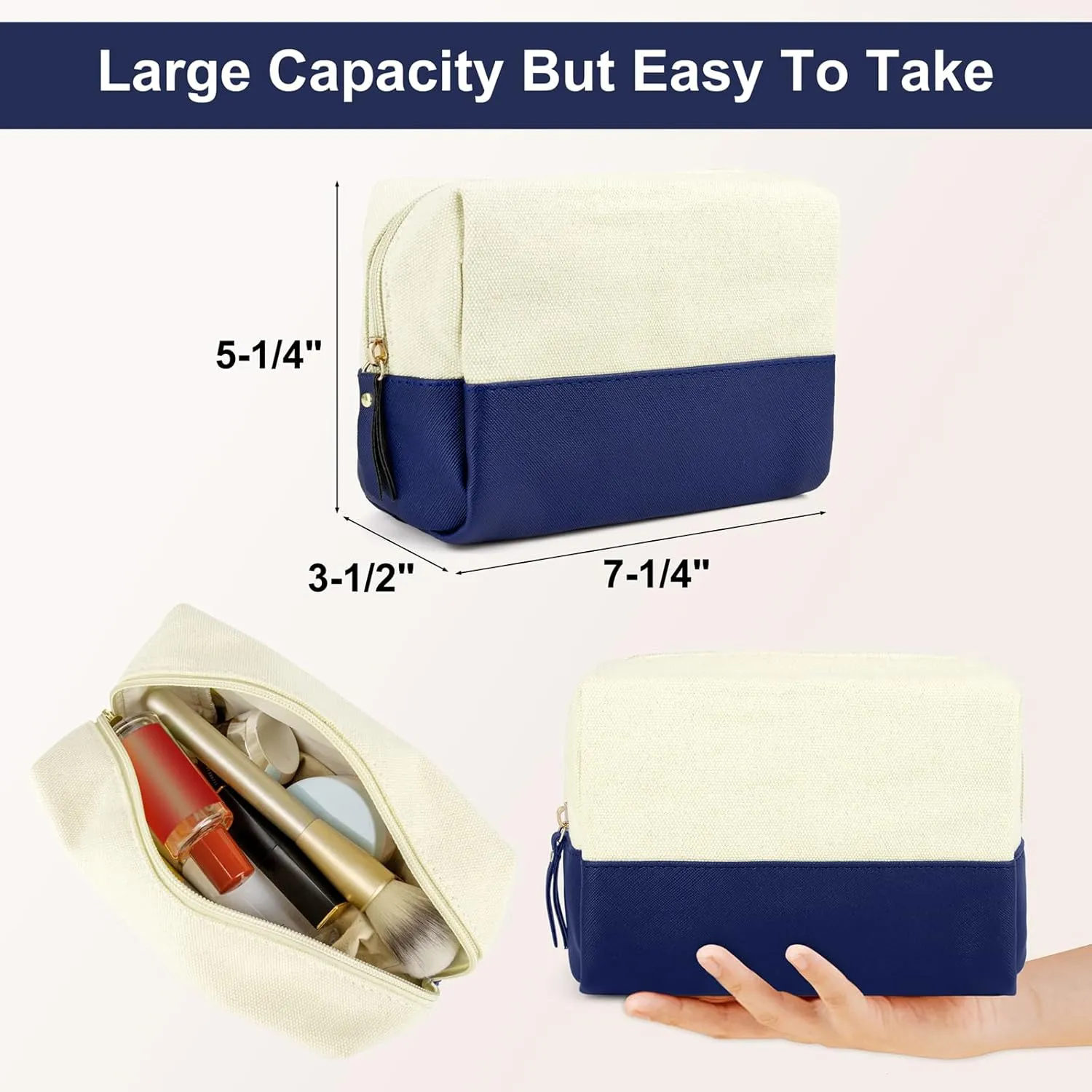 Muka 2 Pack Canvas Makeup Bag with PU Leather Bottom, Large Capacity Travel Cosmetic Case-Black & Navy