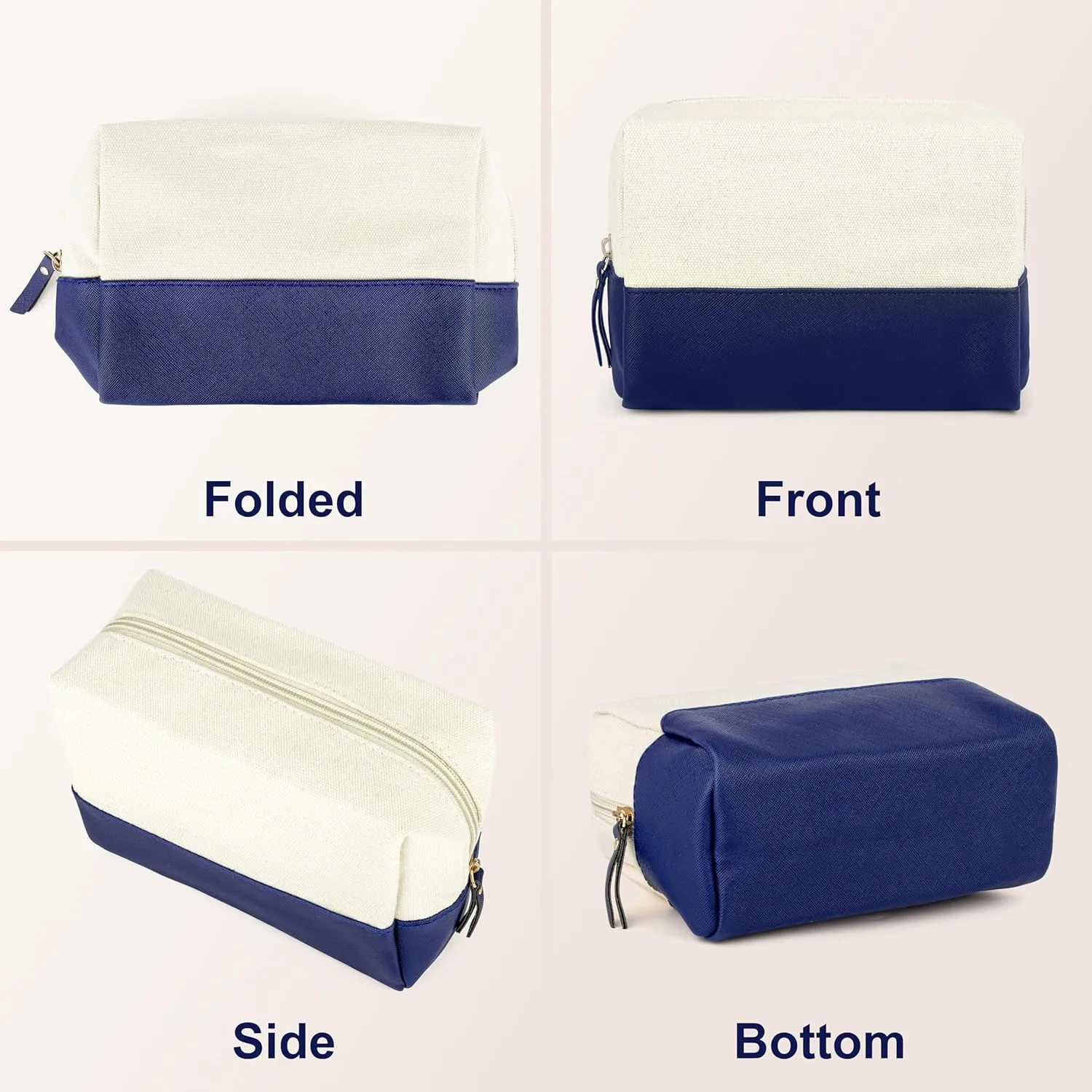 Muka 2 Pack Canvas Makeup Bag with PU Leather Bottom, Large Capacity Travel Cosmetic Case-Black & Navy