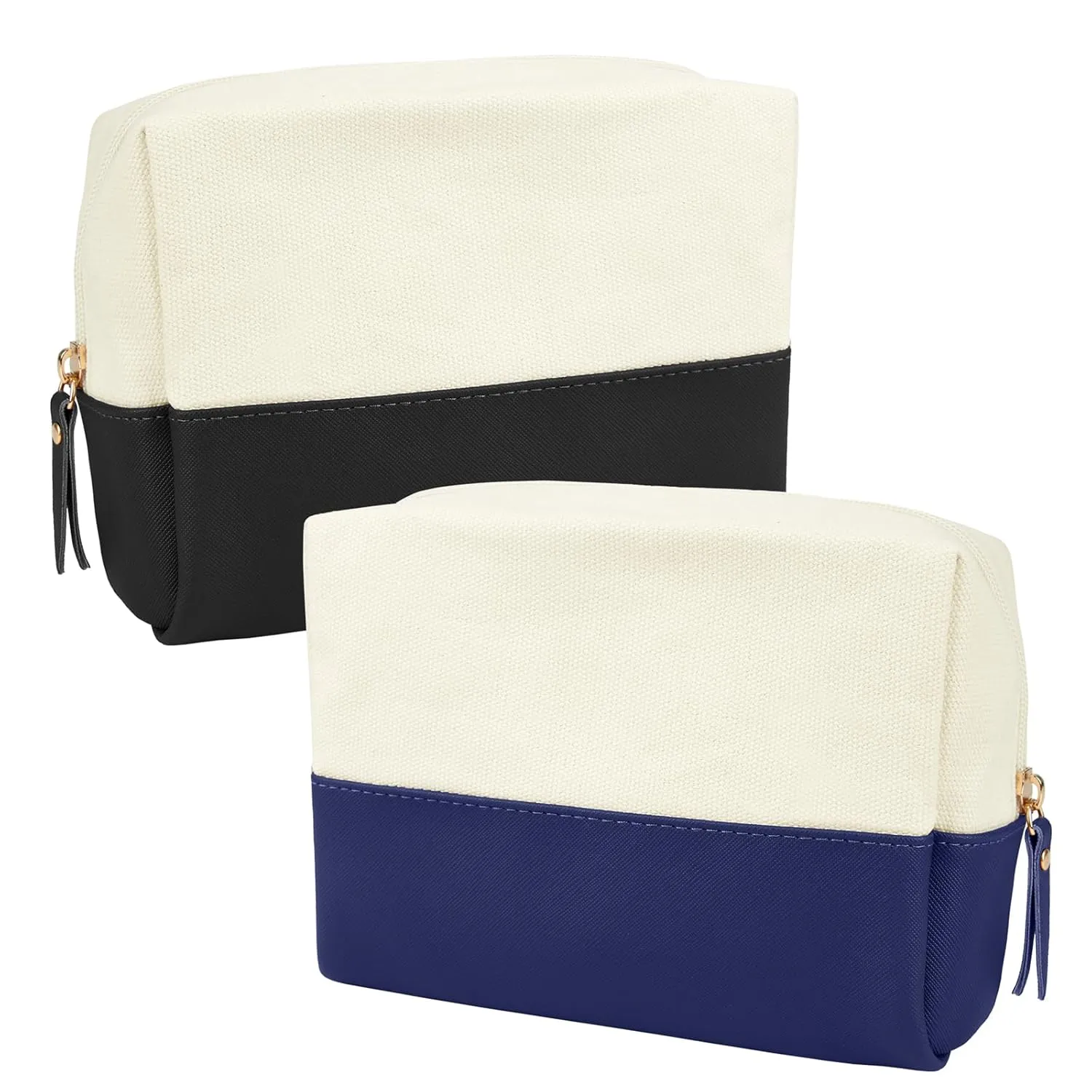 Muka 2 Pack Canvas Makeup Bag with PU Leather Bottom, Large Capacity Travel Cosmetic Case-Black & Navy