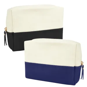 Muka 2 Pack Canvas Makeup Bag with PU Leather Bottom, Large Capacity Travel Cosmetic Case-Black & Navy