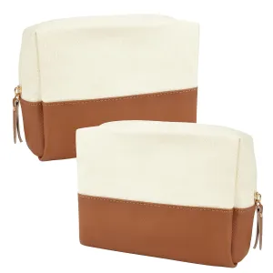 Muka 2 Pack Canvas Makeup Bag with PU Leather Bottom, Large Capacity Travel Cosmetic Case-Brown