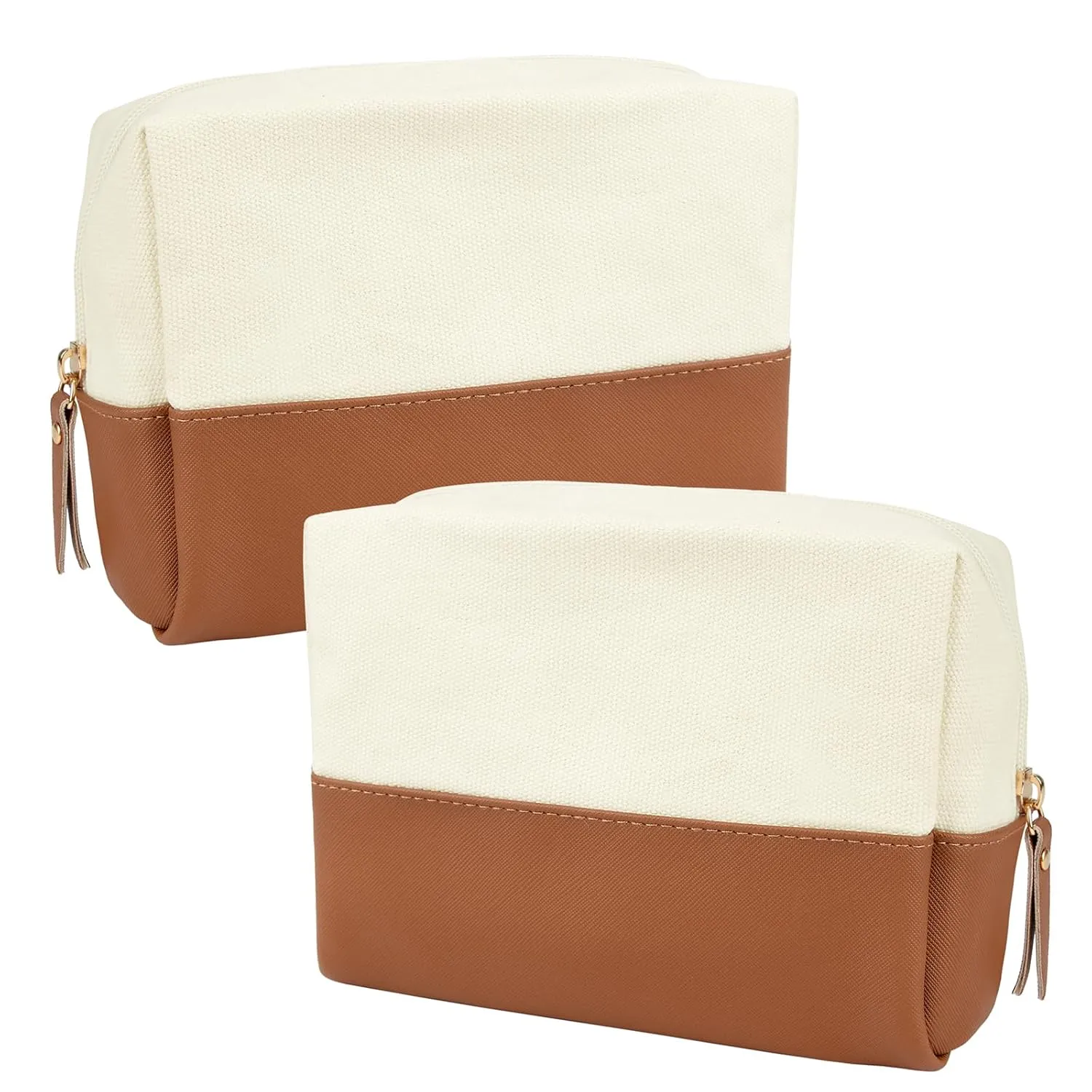 Muka 2 Pack Canvas Makeup Bag with PU Leather Bottom, Large Capacity Travel Cosmetic Case-Brown