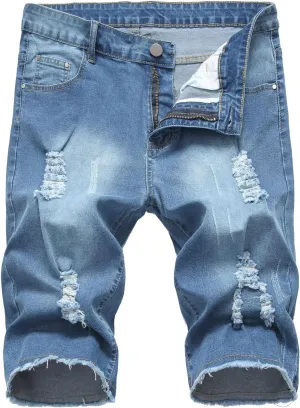 Muscularfit Mens Denim Shorts Stretch Slim Fit Linen Jean Shorts with Broken Hole Comfort Flex Waistband Shorts 6" Inseam