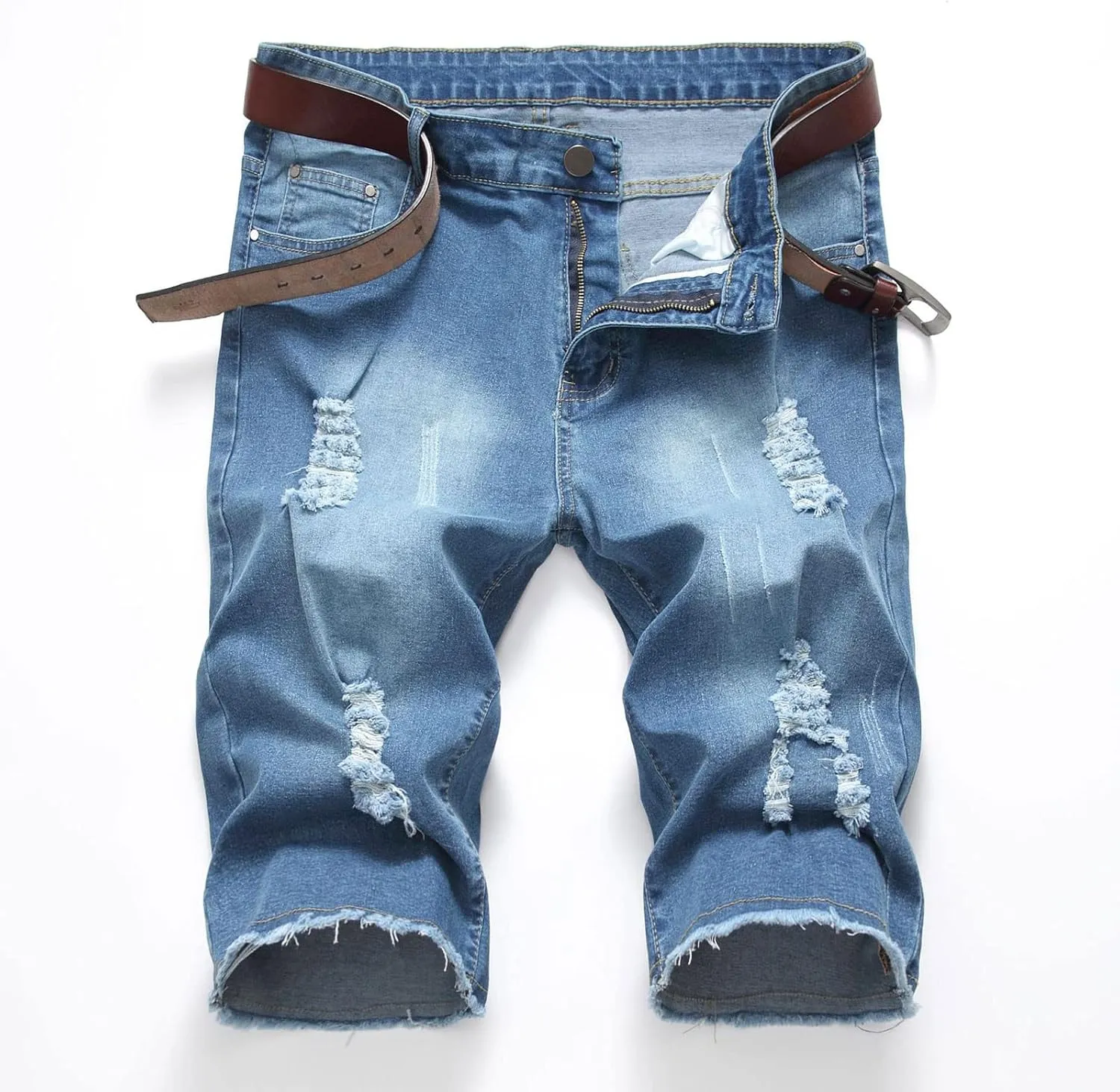 Muscularfit Mens Denim Shorts Stretch Slim Fit Linen Jean Shorts with Broken Hole Comfort Flex Waistband Shorts 6" Inseam