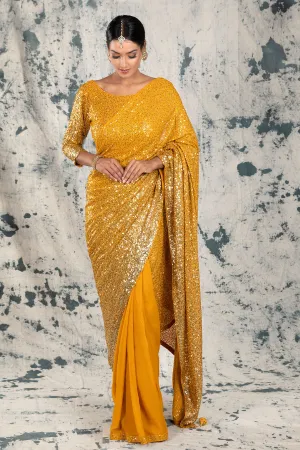 Mustard Georgette Sequins Embroidered Saree