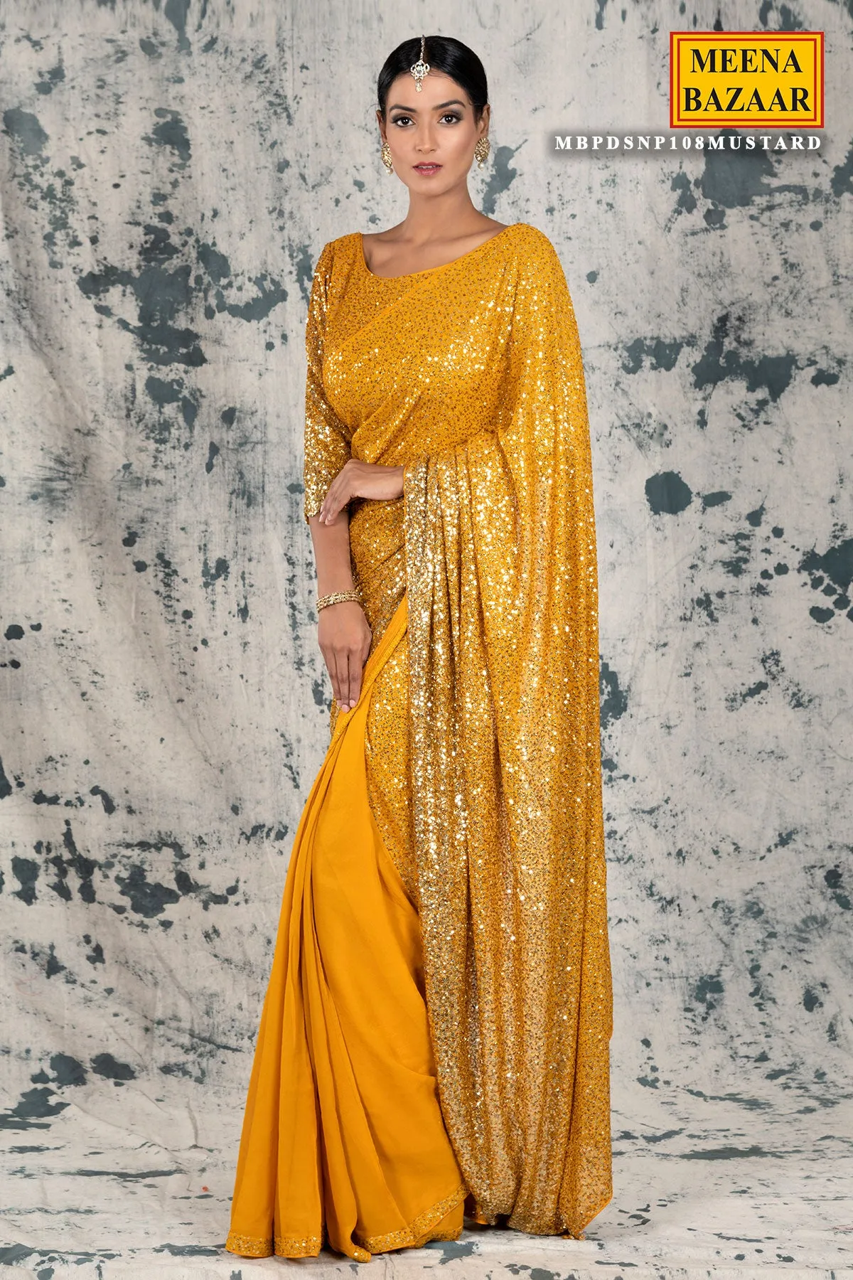 Mustard Georgette Sequins Embroidered Saree